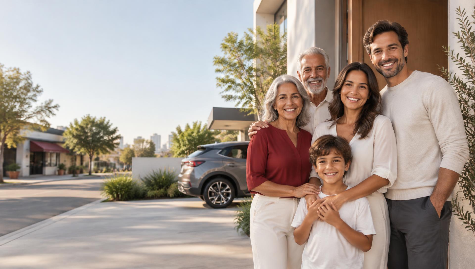 Família reunida diante de sua casa, com carro ao fundo